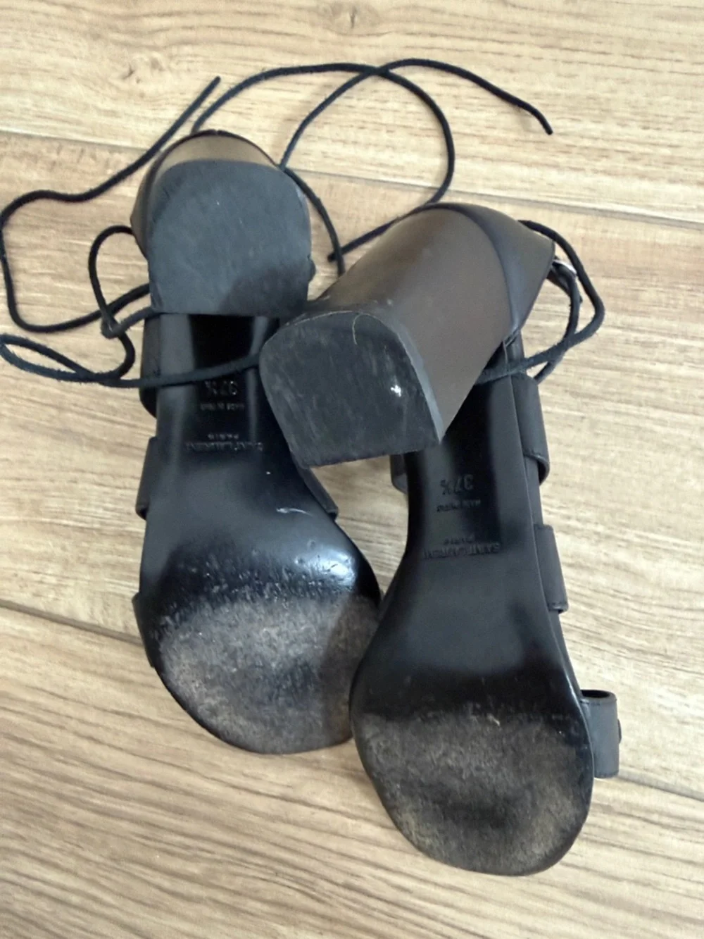 Saint Laurent Babies Black Lace-Up Block Heel Sandal 37.5 - Picture 9 of 9
